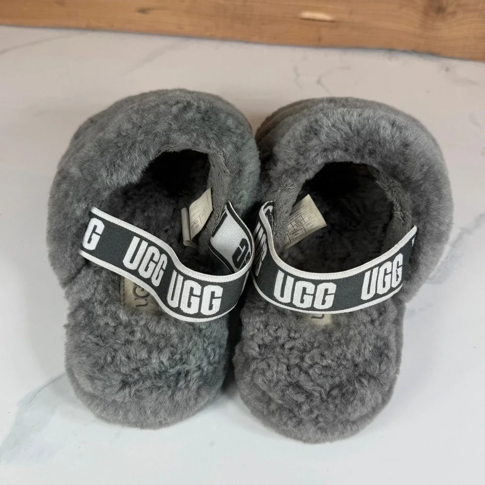 UGG Fluff Yeah Slide Charcoal Grey Kids Sheepskin Sandals Girl 2 Cozy Winter